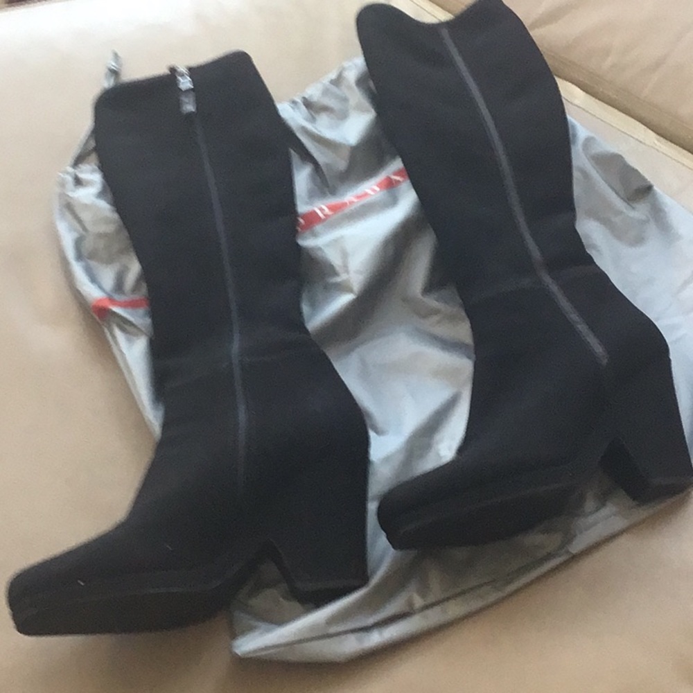 Prada Black Suede Mid-Calf Block Heel Boots